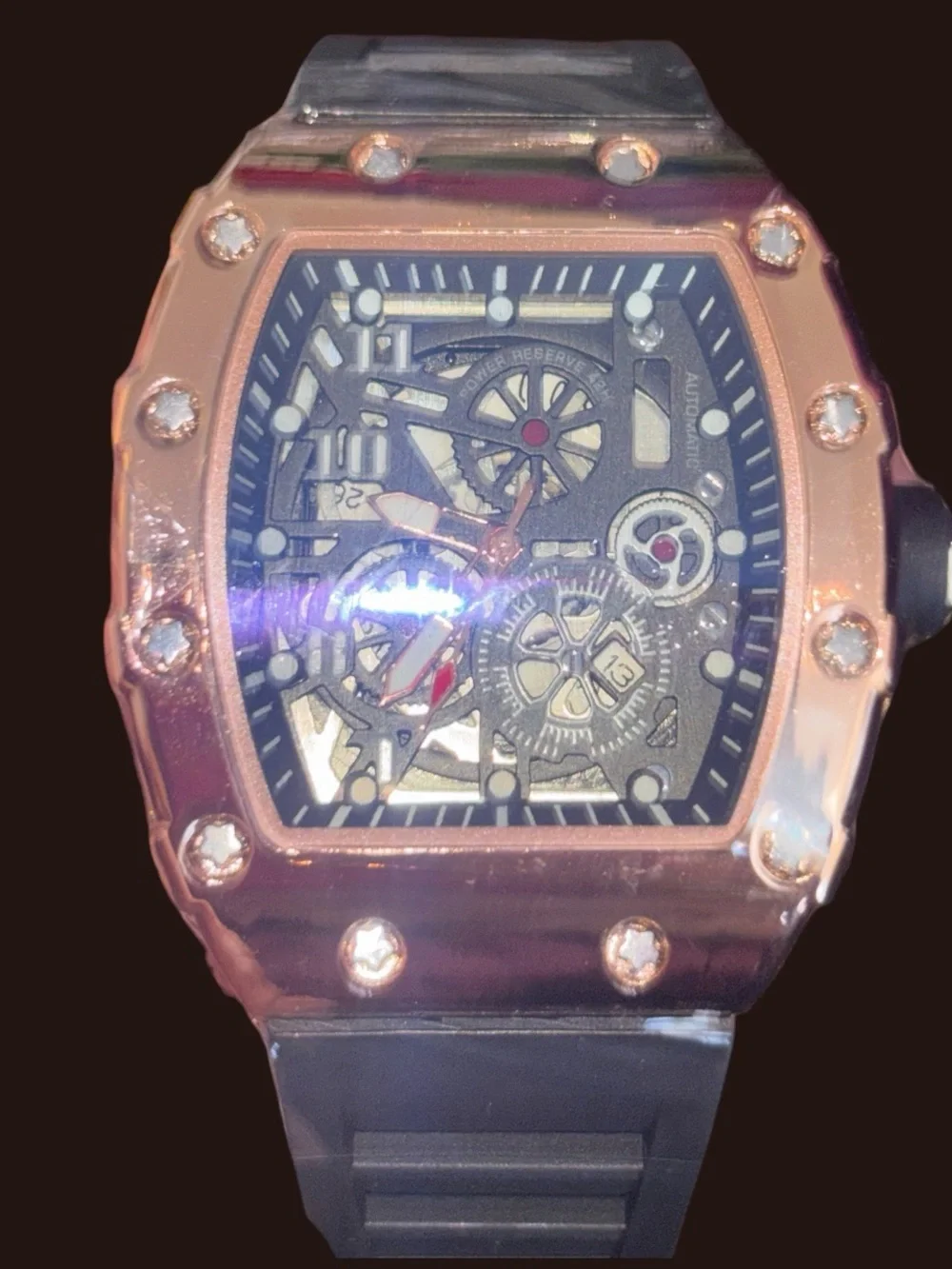 Men's Rose Gold Skeleton Sport Watch with Black Strap